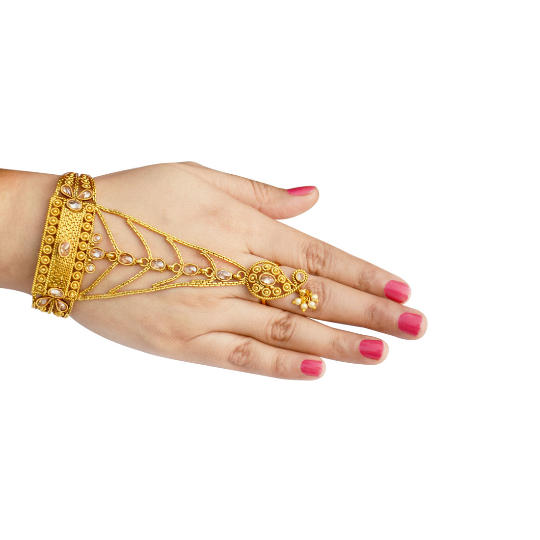 Ethnic Gold Plated Stone  Panja Hath Phool Cuff  Bracelet